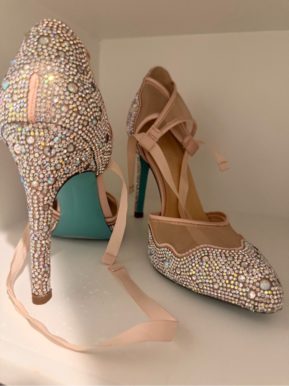 Betsey Johnson Nude Pink Crystal Lace-Up Pointed Heels with Turquoise Soles